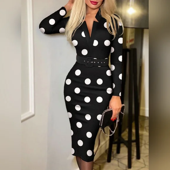 SOLD OUT!!!!! Elegant Black and White Polka Dot Long Sleeve Dress - Picture 2 of 6